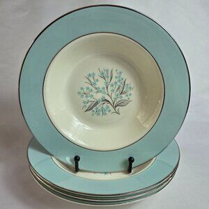 FOUR Sevron Blue LaceRim Soup Bowls Floral Center Aqua Blue Border